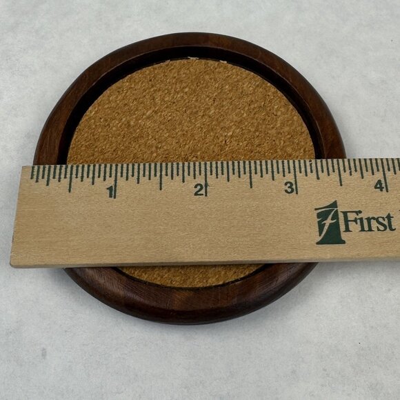 Vintage Wooden Coaster Set Four-Post Holder 4 Wood Coasters with Cork Inserts - Picture 11 of 14